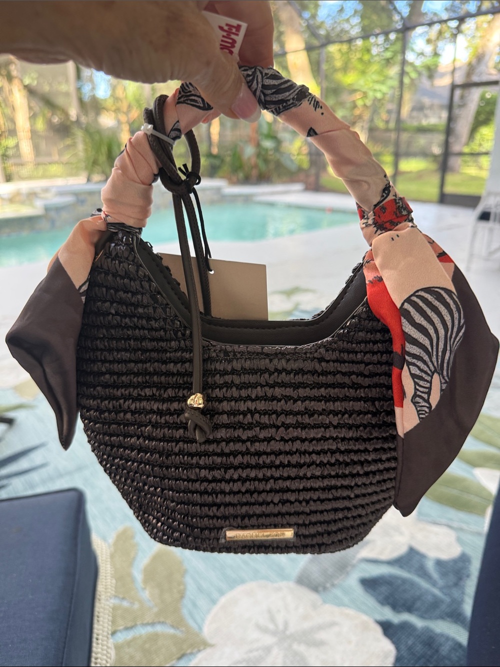 Black Woven Mini Bag with Printed Scarf Handle